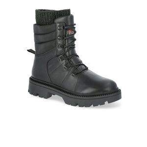 Black Leather Lace-Up Combat Boot with Knit Cuff